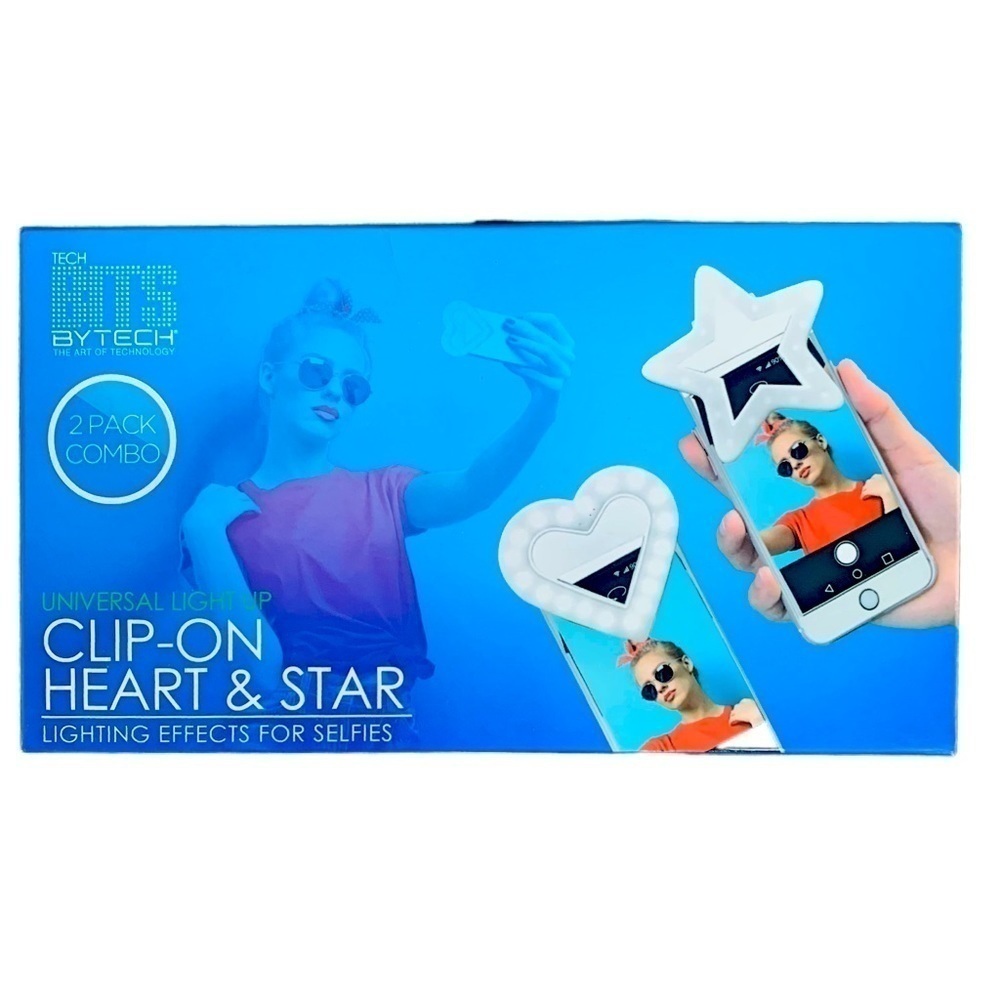 Selfie Ring Light Tech BITS ByTech 2-Pk  Clip-On Heart & Star 3 Light Levels NIB